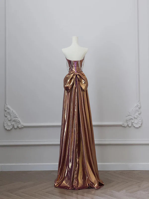 Luxe A-Line Strapless Sleeveless Bow-Detailed Metallic Long Prom Dresses