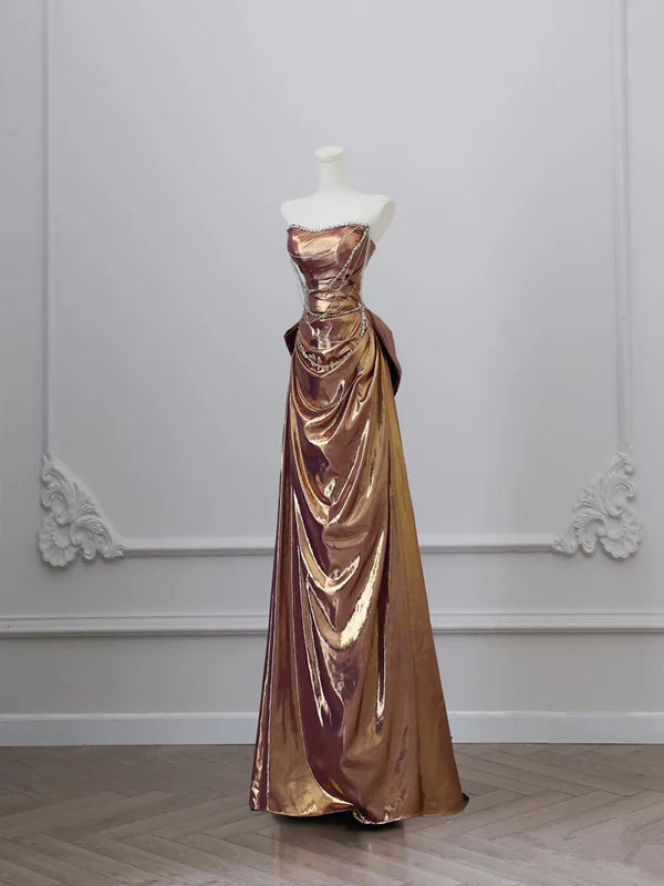 Luxe A-Line Strapless Sleeveless Bow-Detailed Metallic Long Prom Dresses