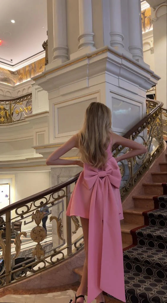 Chic High-Low Square Neck Sleeveless Bow-Embellished Bright Pink Mini Prom Dress