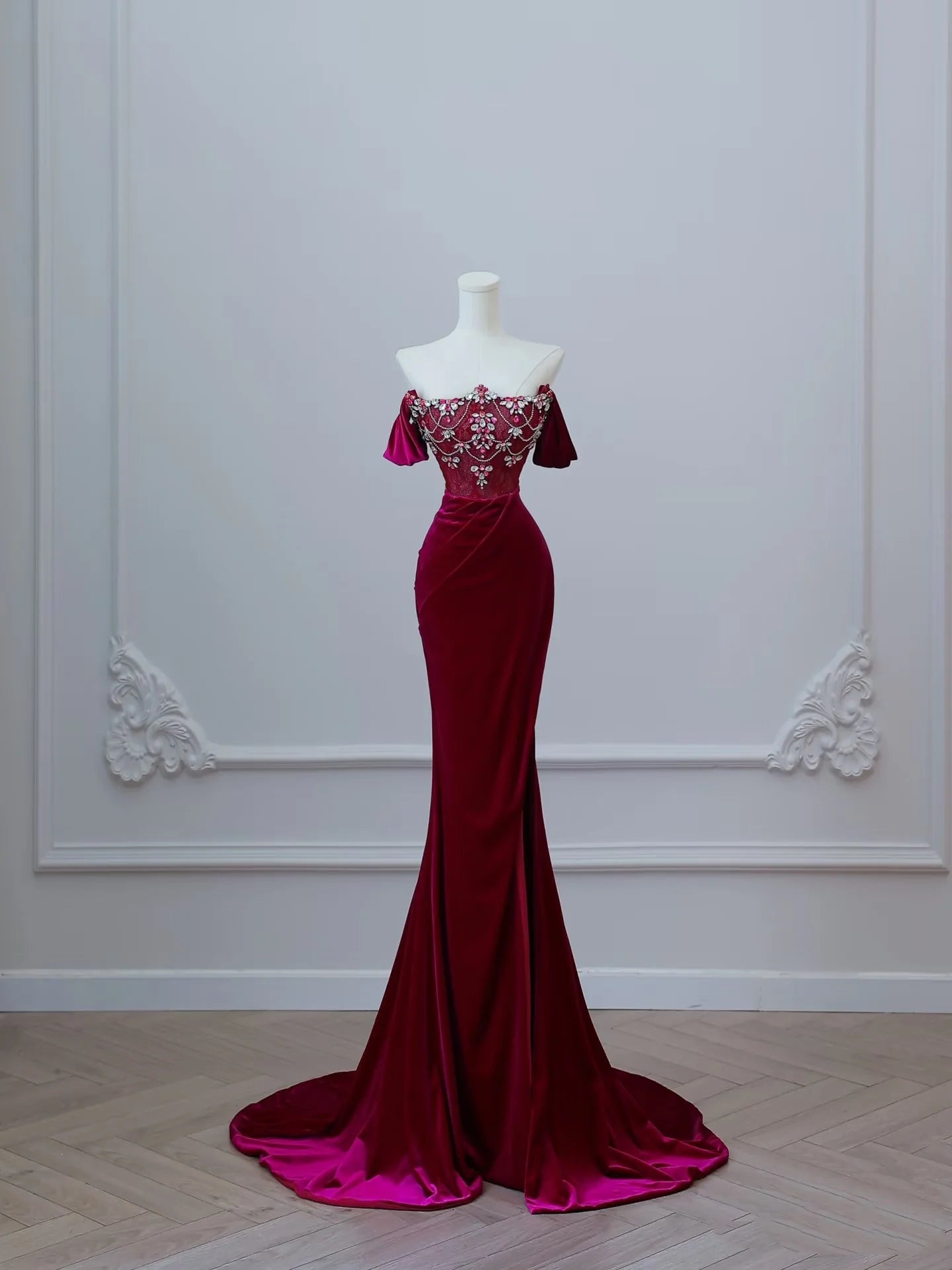 Romantic Mermaid Off-Shoulder Beaded Burgundy Velvet Evening Dresses