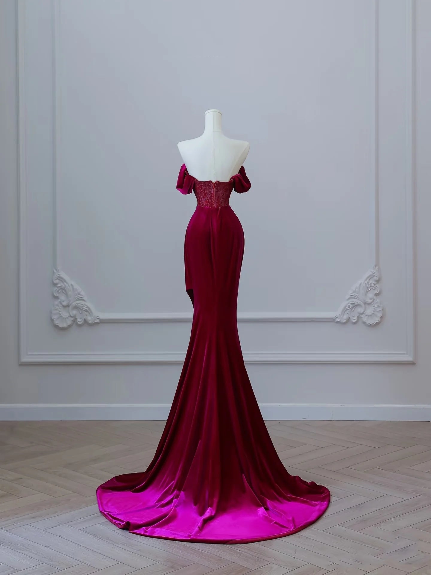 Romantic Mermaid Off-Shoulder Beaded Burgundy Velvet Evening Dresses