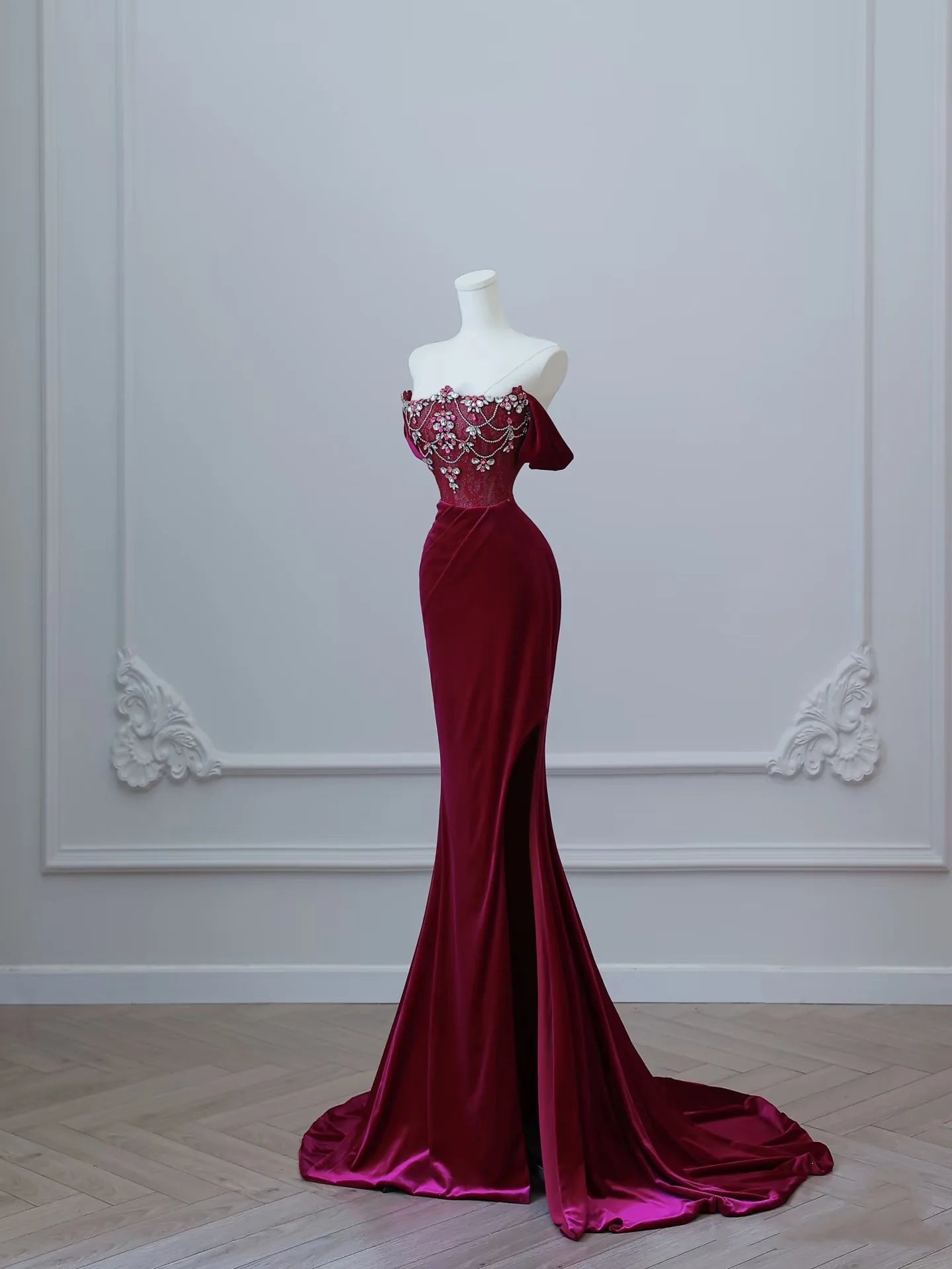 Romantic Mermaid Off-Shoulder Beaded Burgundy Velvet Evening Dresses