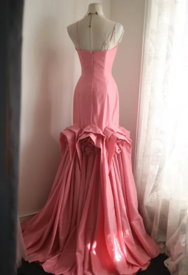 Romantic Mermaid Sweetheart-Neck Rose-Appliqué Coral Pink Satin Party Dresses