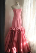 Romantic Mermaid Sweetheart-Neck Rose-Appliqué Coral Pink Satin Party Dresses