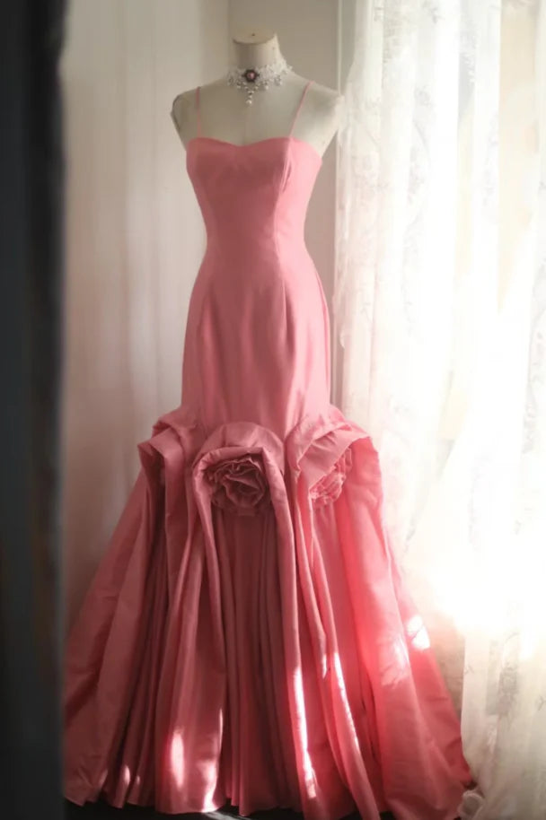 Romantic Mermaid Sweetheart-Neck Rose-Appliqué Coral Pink Satin Party Dresses