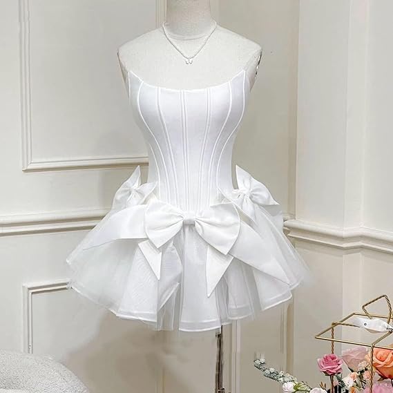 Cute Corset Square Neck Sleeveless Bow-Embellished White Mini Prom Dress