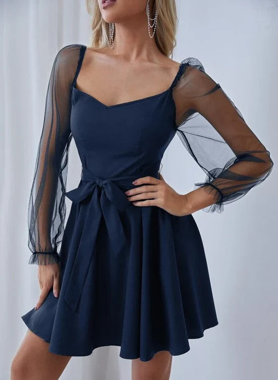 Chic A-Line Sweetheart Long Mesh-Sleeve Belted Navy Blue Mini Prom Dress