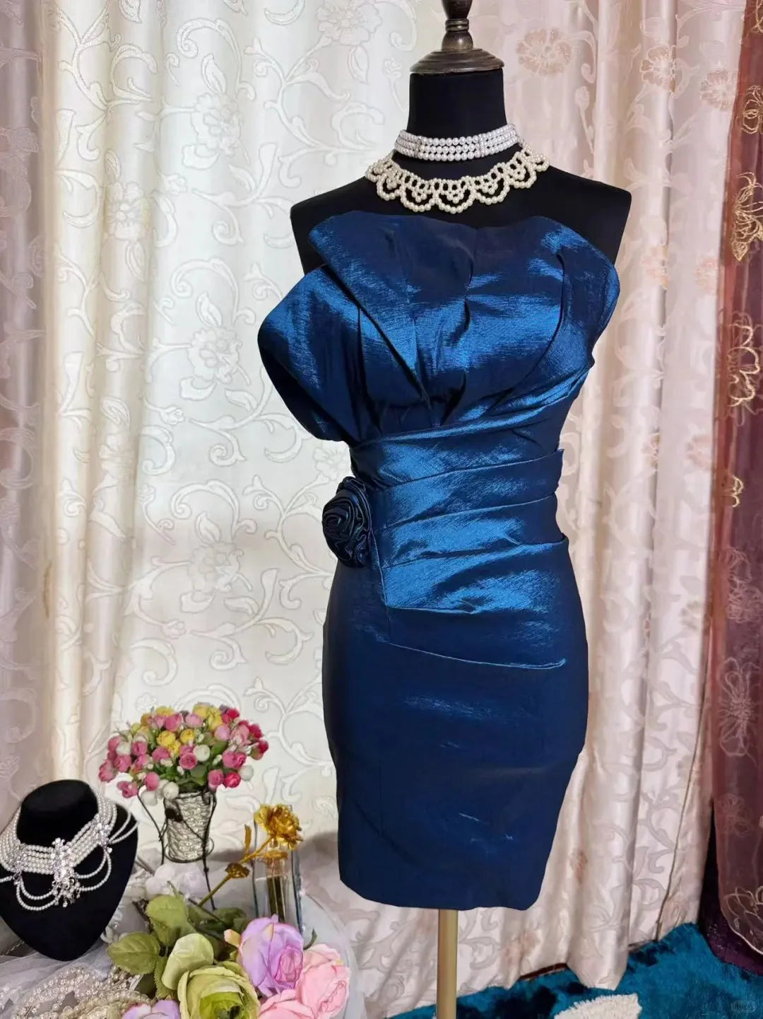 Bodycon Sweetheart Sleeveless Ruched-Flower Metallic-Navy-Blue Short Evening Dress
