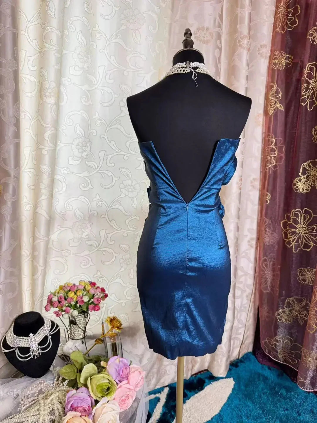 Bodycon Sweetheart Sleeveless Ruched-Flower Metallic-Navy-Blue Short Evening Dress