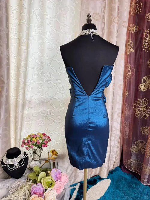Bodycon Sweetheart Sleeveless Ruched-Flower Metallic-Navy-Blue Short Evening Dress