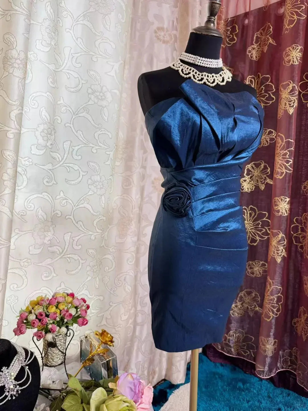 Bodycon Sweetheart Sleeveless Ruched-Flower Metallic-Navy-Blue Short Evening Dress