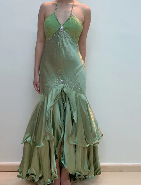 Chic Mermaid Halter Sleeveless Zipper Green Satin Long Prom Dress