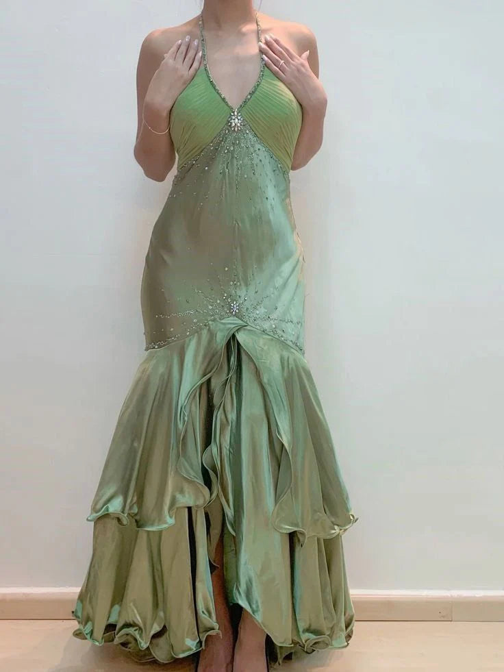 Chic Mermaid Halter Sleeveless Zipper Green Satin Long Prom Dress